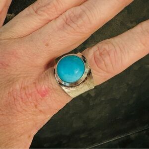 Sterling Silver 925 India Turquoise Dome Circle Polished Stone Ring Statement